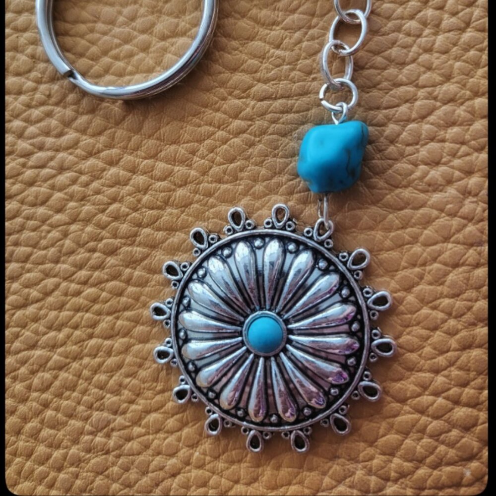Turquoise Flower Metal Keychain | Boho Floral Charm Accessory
